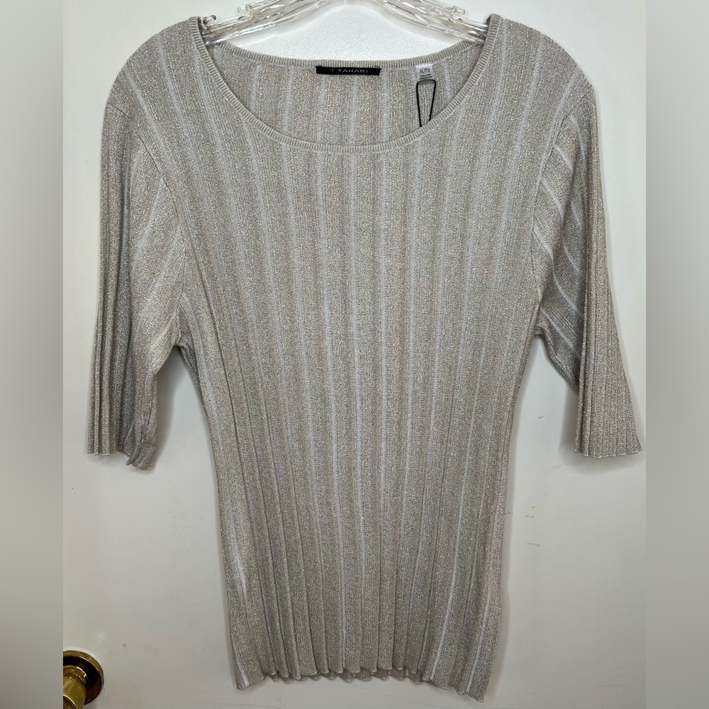 T Tahari Gold-Silver Shimmer Lurex Short Sleeve Sweater, Sz XL.  NWT